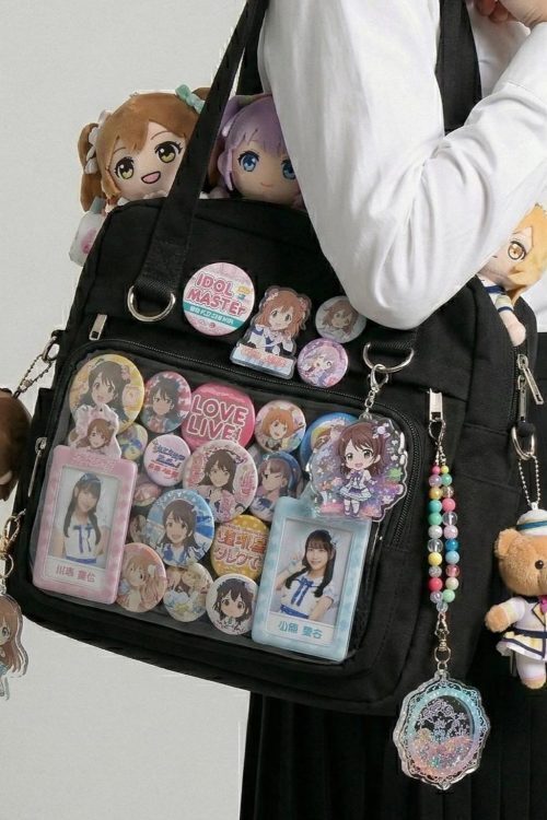 Large Black Kawaii Y2K Ita Backpack with Clear Window for Pin Display