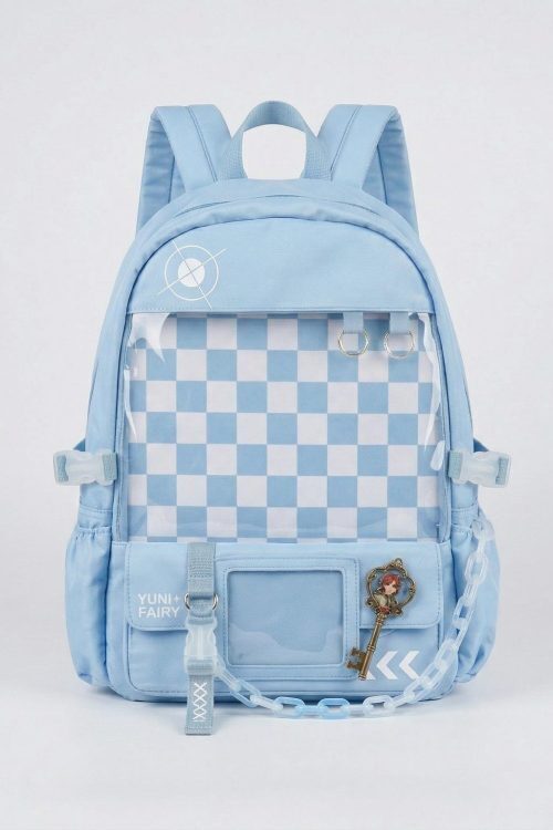 Large Blue Kawaii Y2K Ita Backpack with Clear Window for Photocards and Pins