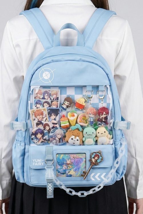 Large Blue Kawaii Y2K Ita Backpack with Clear Window for Photocards and Pins