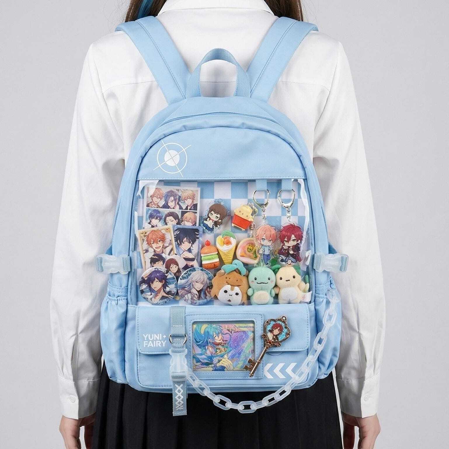 Large Blue Kawaii Y2K Ita Backpack with Clear Window for Photocards and Pins Large Blue Kawaii Y2K Ita Backpack with Clear Window for Photocards and Pins