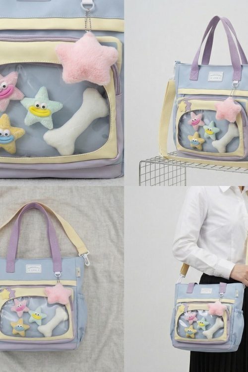 Large Blue Kawaii Y2K Ita Backpack with Clear Window for Plushies and Pins