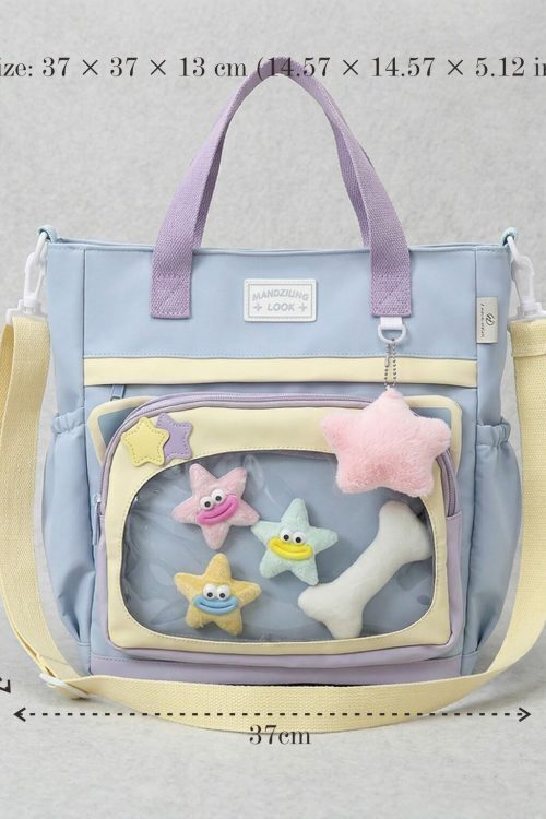Large Blue Kawaii Y2K Ita Backpack with Clear Window for Plushies and Pins