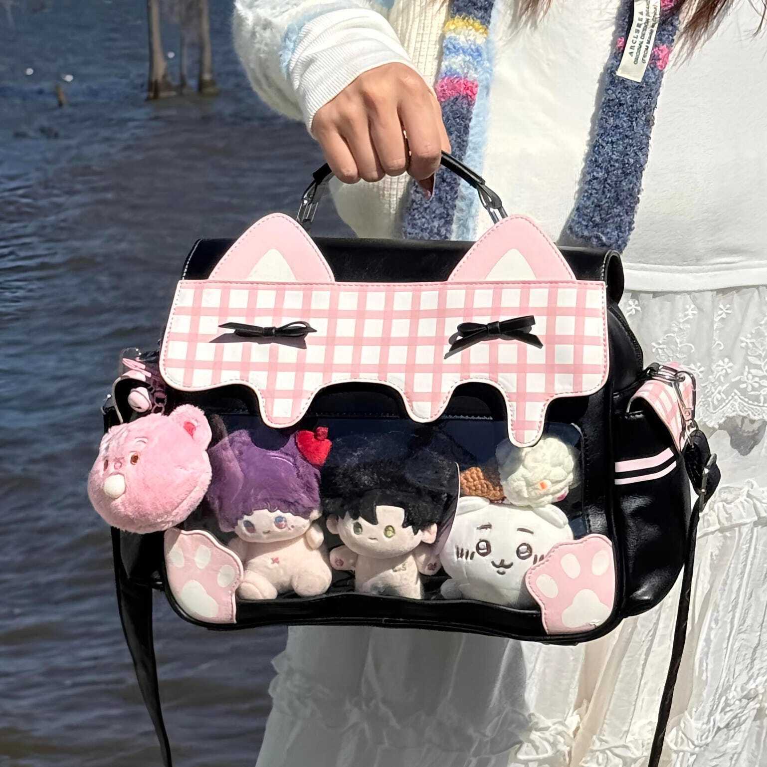 Large Cat Convertible Ita Bag with Clear Window for Plushies and Pins Large Cat Convertible Ita Bag with Clear Window for Plushies and Pins