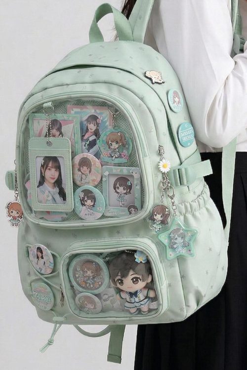 Large Green Kawaii Y2K Ita Backpack with Clear Window for Photocards and Pins