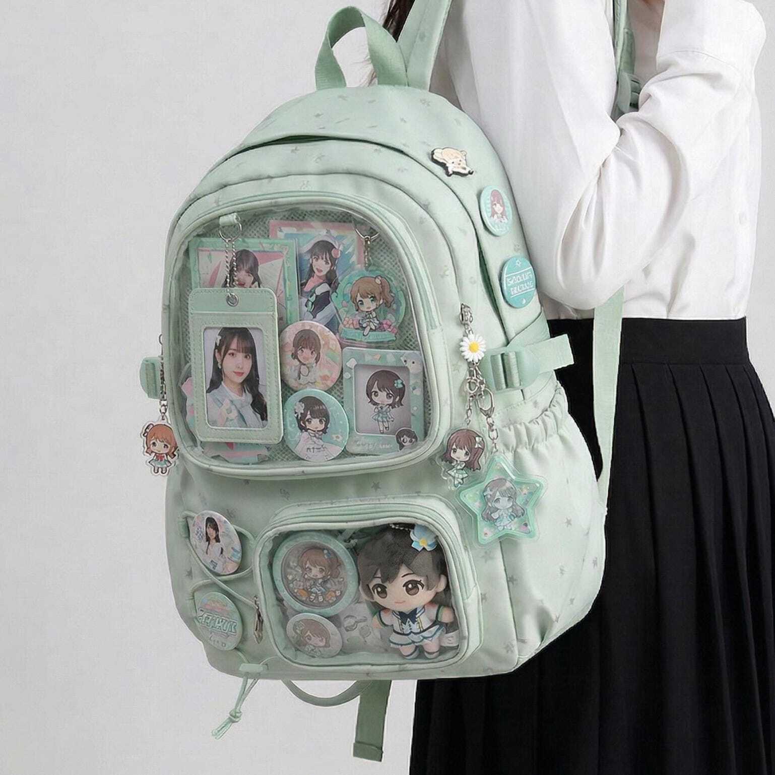 Large Green Kawaii Y2K Ita Backpack with Clear Window for Photocards and Pins Large Green Kawaii Y2K Ita Backpack with Clear Window for Photocards and Pins