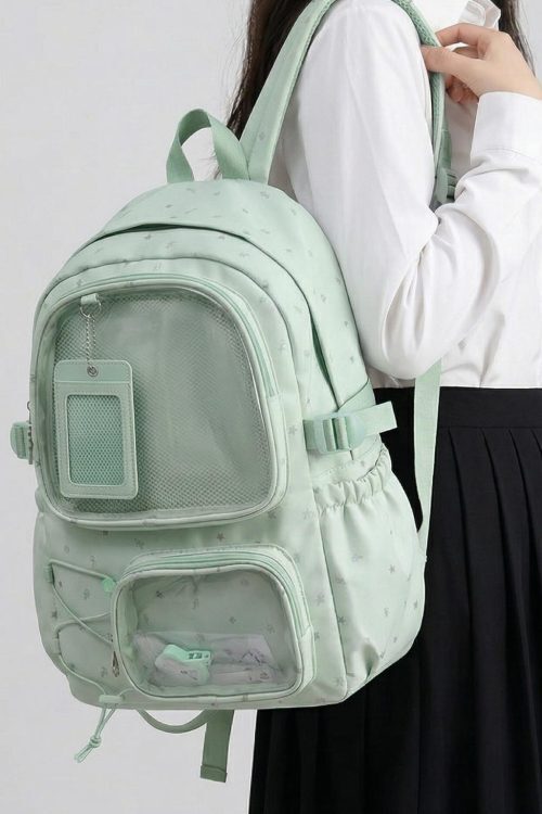 Large Green Kawaii Y2K Ita Backpack with Clear Window for Photocards and Pins