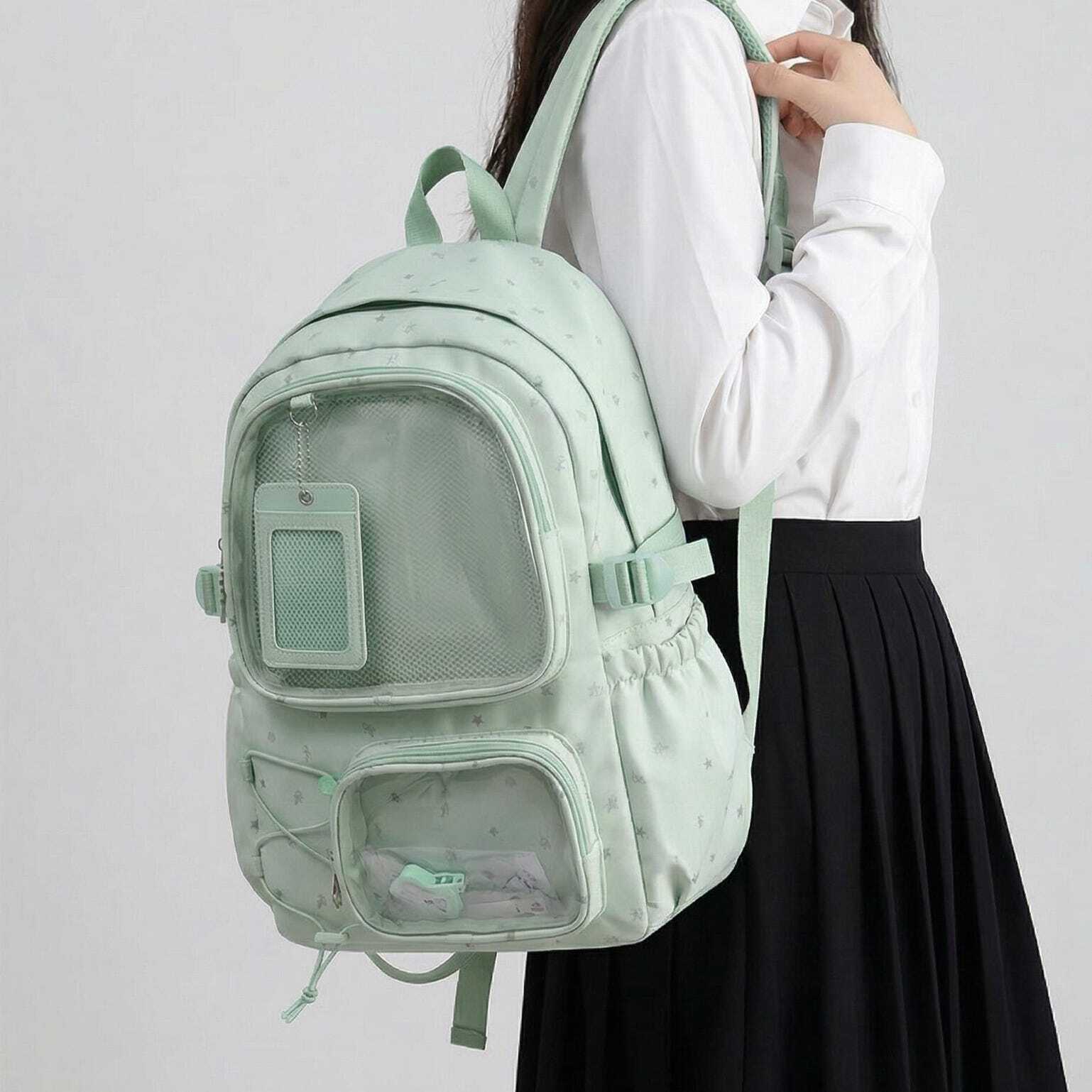 Large Green Kawaii Y2K Ita Backpack with Clear Window for Photocards and Pins Large Green Kawaii Y2K Ita Backpack with Clear Window for Photocards and Pins