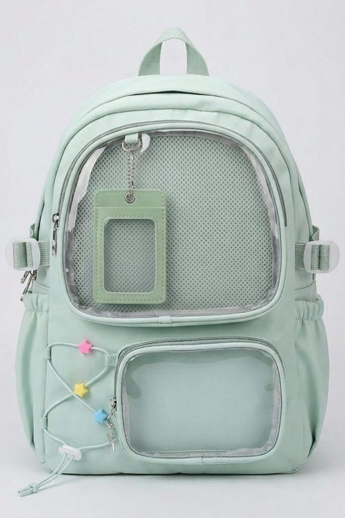 Large Green Kawaii Y2K Ita Backpack with Clear Window for Photocards and Pins