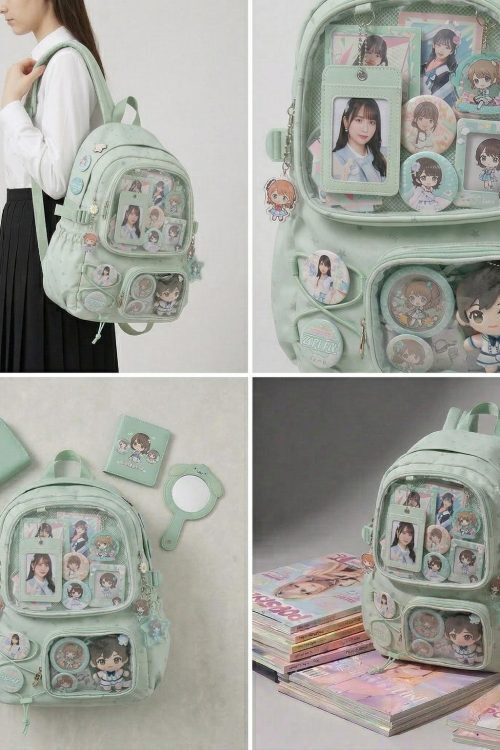 Large Green Kawaii Y2K Ita Backpack with Clear Window for Photocards and Pins