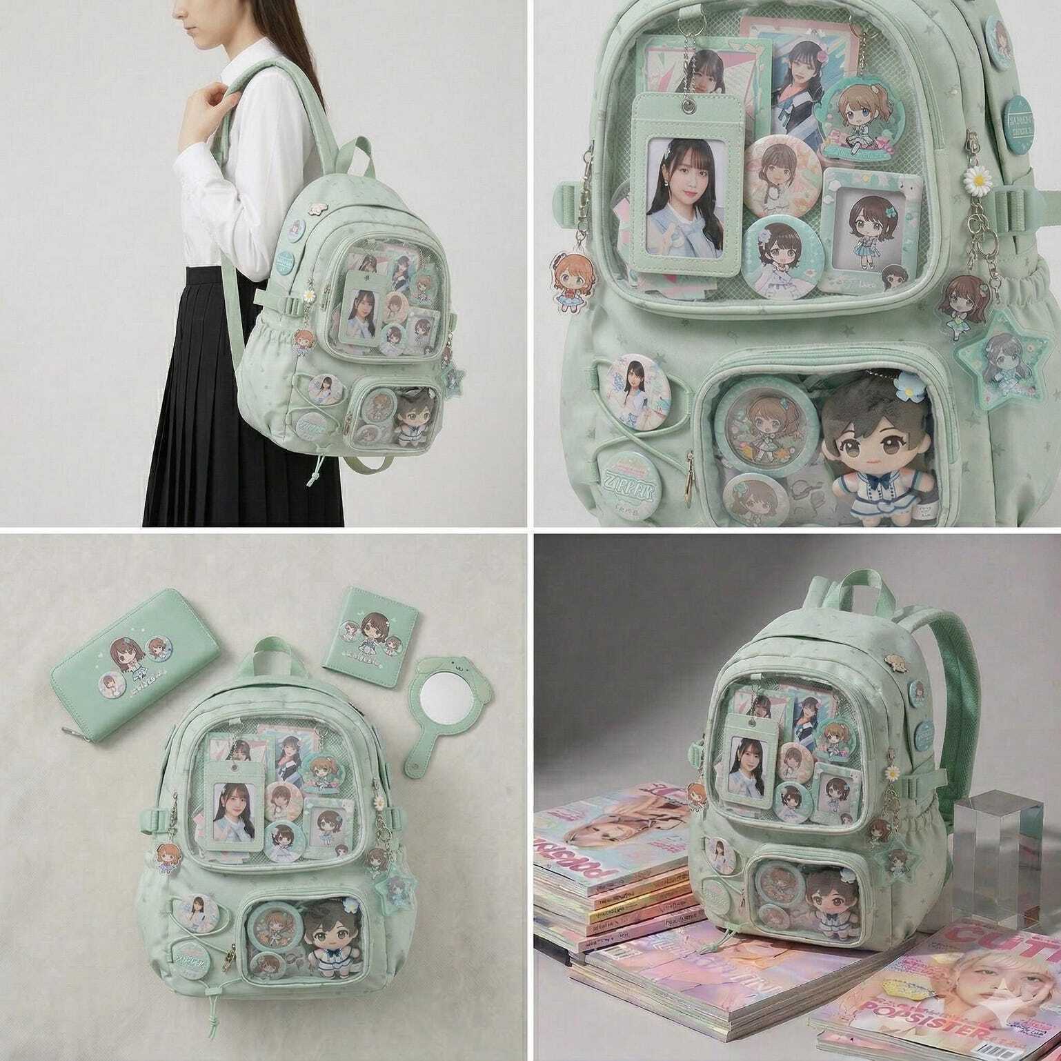 Large Green Kawaii Y2K Ita Backpack with Clear Window for Photocards and Pins Large Green Kawaii Y2K Ita Backpack with Clear Window for Photocards and Pins