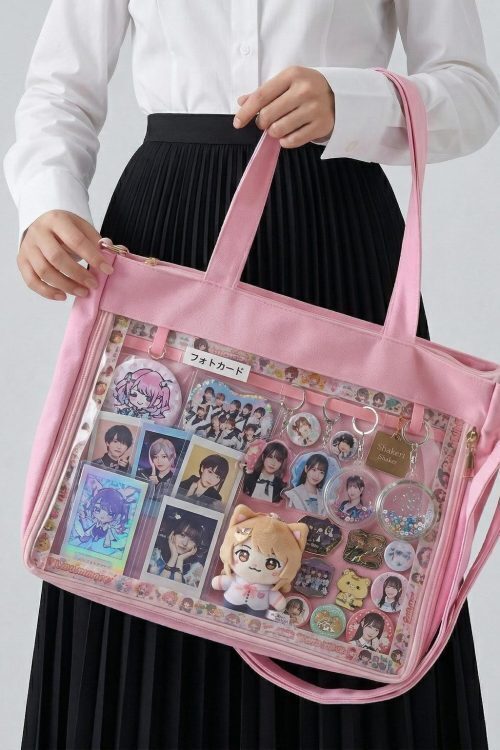 Large Kawaii Y2K Ita Tote Bag with Clear Window for Pin Display