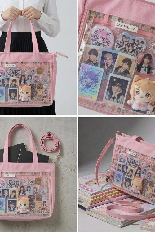 Large Kawaii Y2K Ita Tote Bag with Clear Window for Pin Display