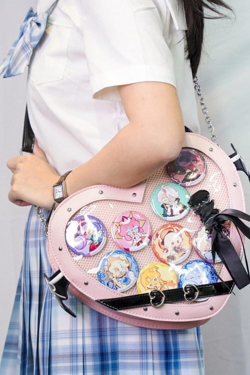 Large Pink Kawaii Ita Shoulder Bag with Clear Window for Pin Display