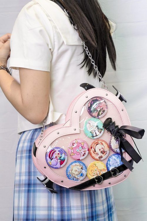 Large Pink Kawaii Ita Shoulder Bag with Clear Window for Pin Display