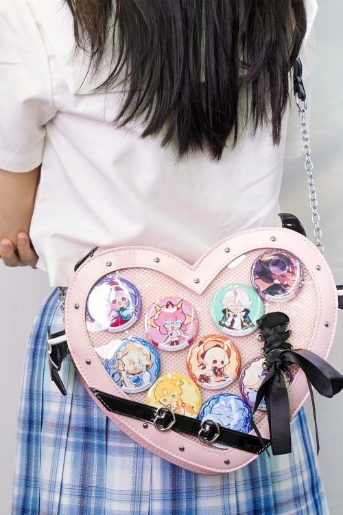 Large Pink Kawaii Ita Shoulder Bag with Clear Window for Pin Display