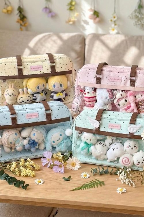 Large Pink Kawaii Star Convertible Ita Bag with Clear Window for Plushies and Pins