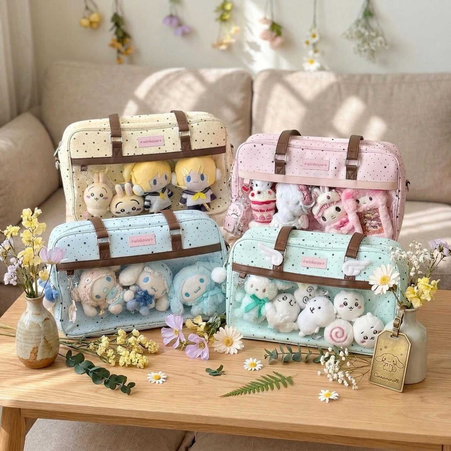 Large Pink Kawaii Star Convertible Ita Bag with Clear Window for Plushies and Pins Large Pink Kawaii Star Convertible Ita Bag with Clear Window for Plushies and Pins