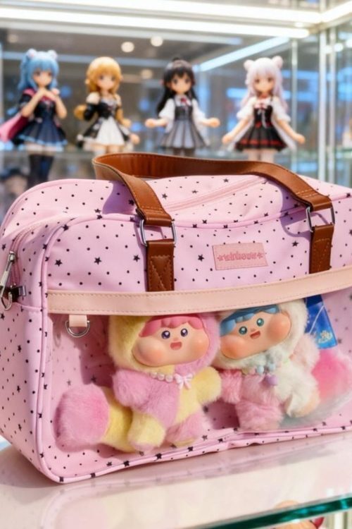 Large Pink Kawaii Star Convertible Ita Bag with Clear Window for Plushies and Pins