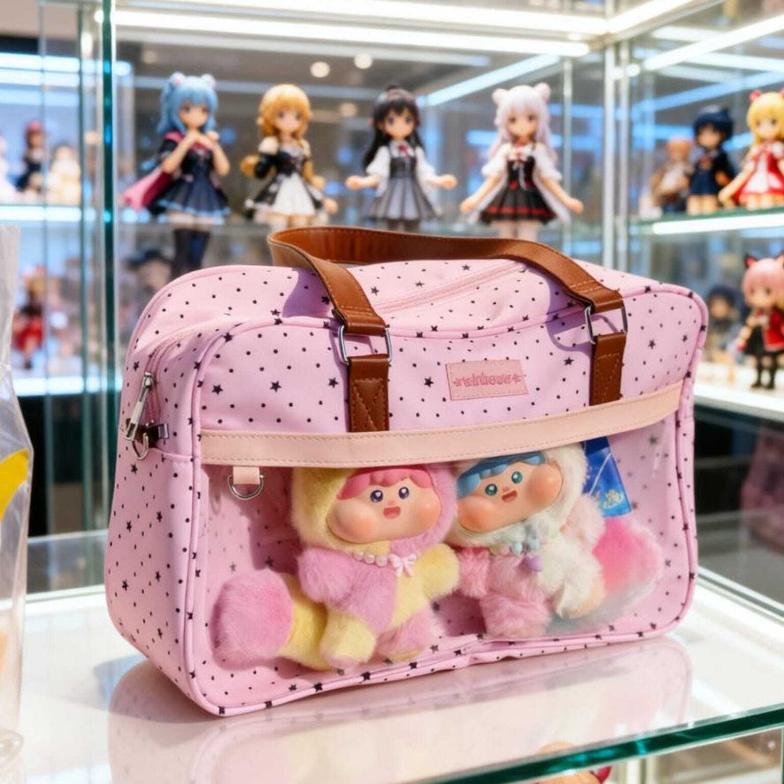Large Pink Kawaii Star Convertible Ita Bag with Clear Window for Plushies and Pins Large Pink Kawaii Star Convertible Ita Bag with Clear Window for Plushies and Pins