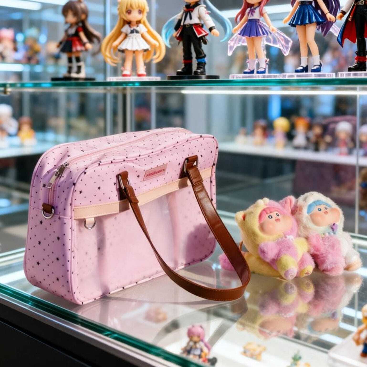 Large Pink Kawaii Star Convertible Ita Bag with Clear Window for Plushies and Pins Large Pink Kawaii Star Convertible Ita Bag with Clear Window for Plushies and Pins