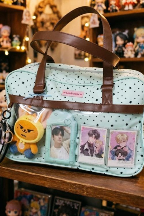 Large Pink Kawaii Star Convertible Ita Bag with Clear Window for Plushies and Pins