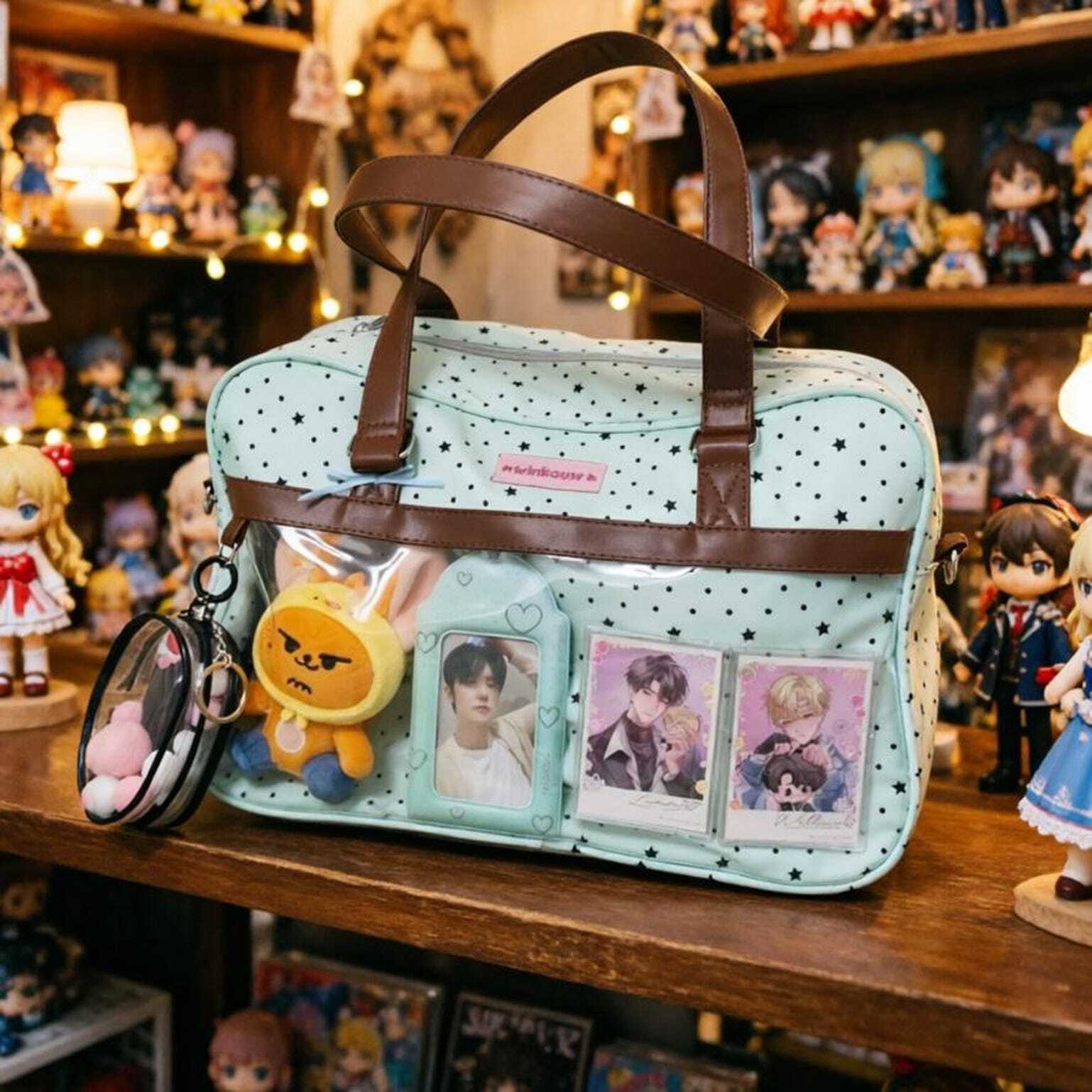 Large Pink Kawaii Star Convertible Ita Bag with Clear Window for Plushies and Pins Large Pink Kawaii Star Convertible Ita Bag with Clear Window for Plushies and Pins