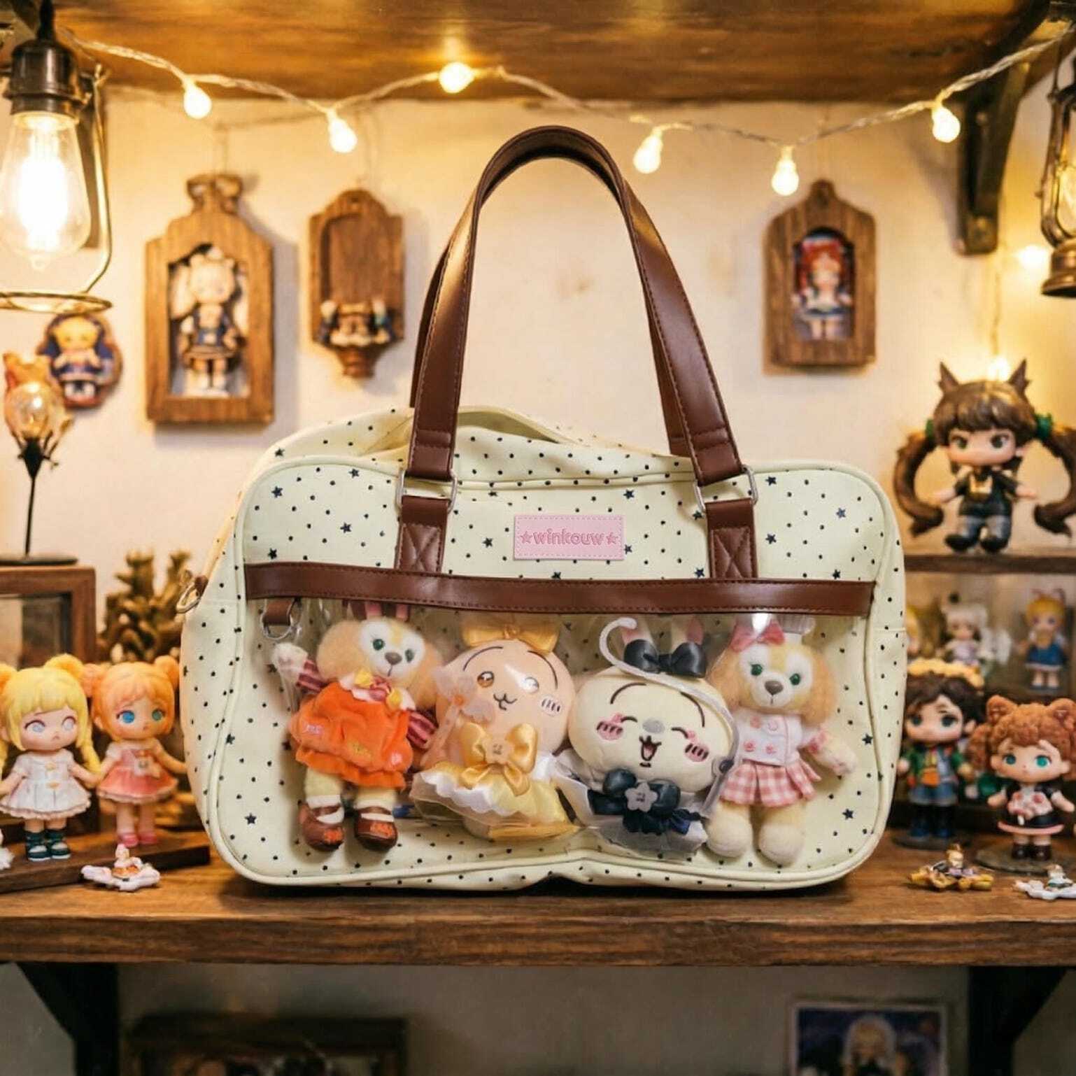 Large Pink Kawaii Star Convertible Ita Bag with Clear Window for Plushies and Pins Large Pink Kawaii Star Convertible Ita Bag with Clear Window for Plushies and Pins