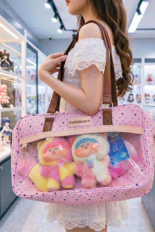 Large Pink Kawaii Star Convertible Ita Bag with Clear Window for Plushies and Pins