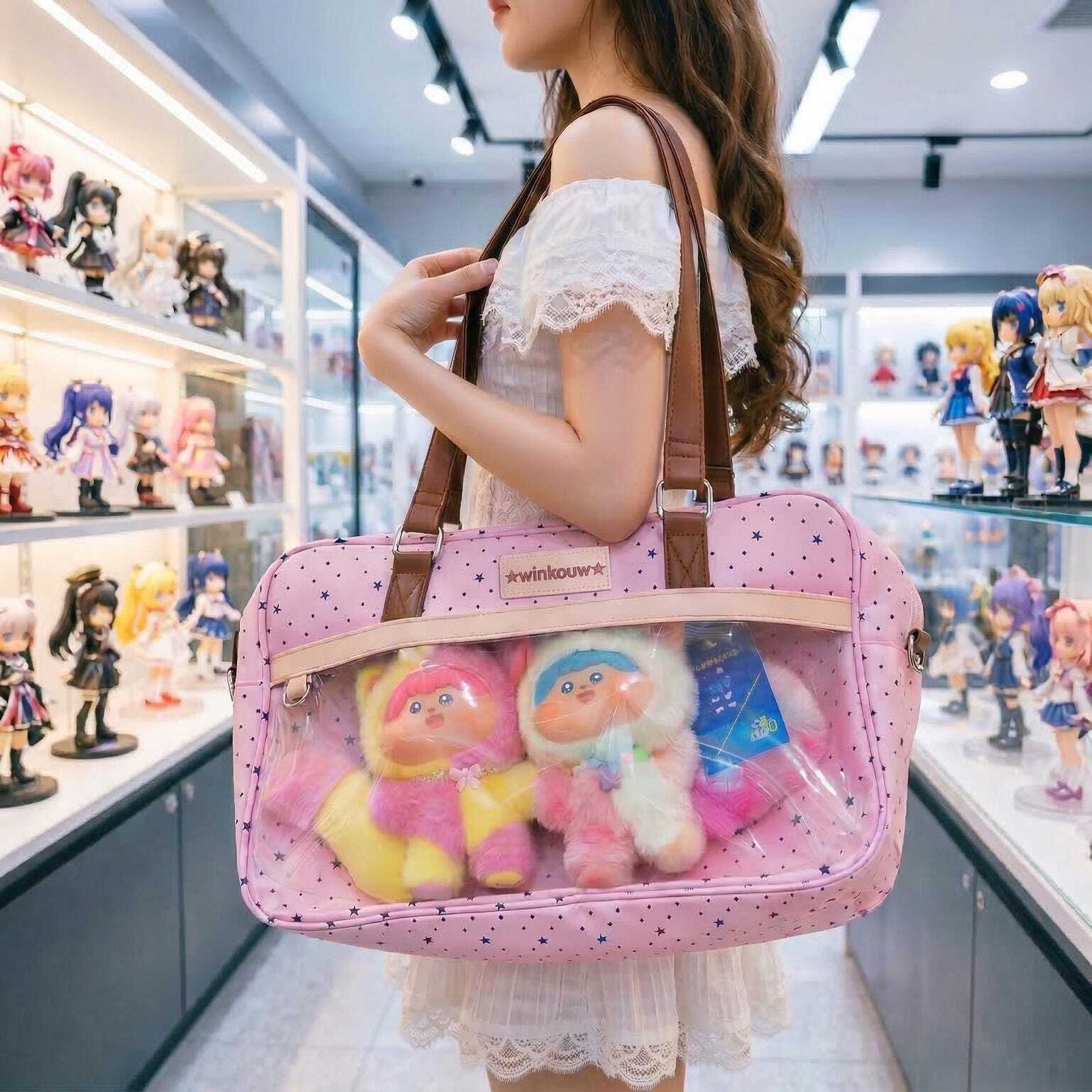 Large Pink Kawaii Star Convertible Ita Bag with Clear Window for Plushies and Pins Large Pink Kawaii Star Convertible Ita Bag with Clear Window for Plushies and Pins