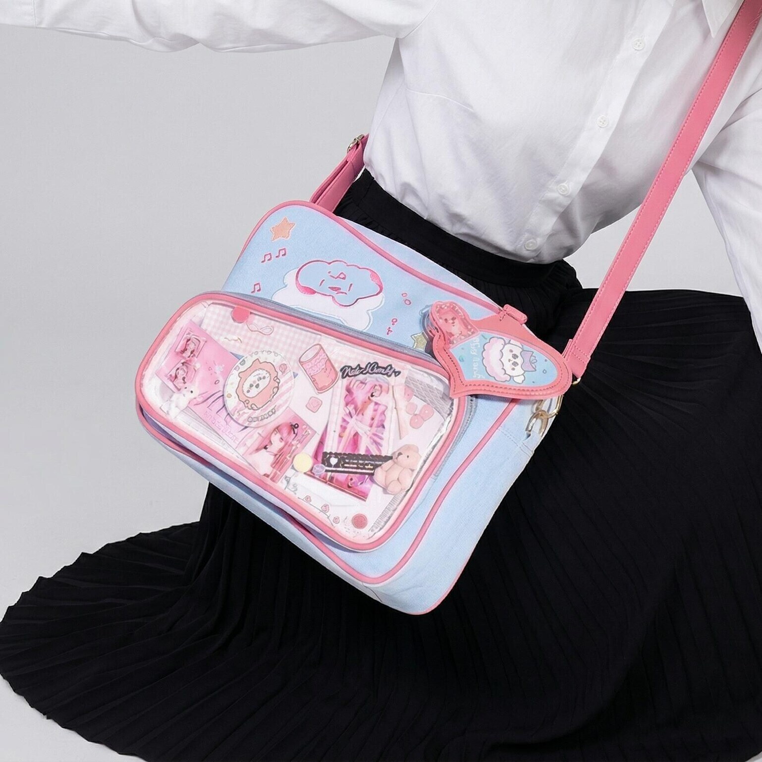 Large Pink Kawaii Y2K Convertible Ita Bag with Clear Window for Plushies and Pins Large Pink Kawaii Y2K Convertible Ita Bag with Clear Window for Plushies and Pins