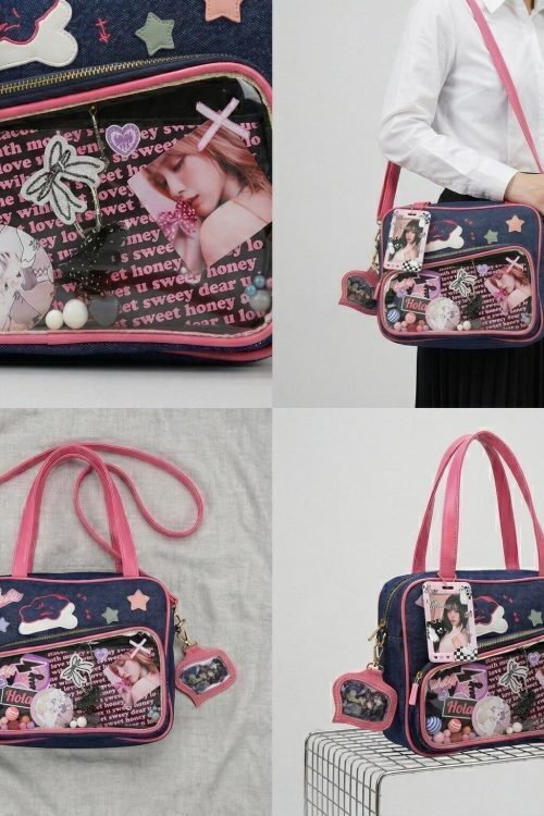 Large Pink Kawaii Y2K Convertible Ita Bag with Clear Window for Plushies and Pins