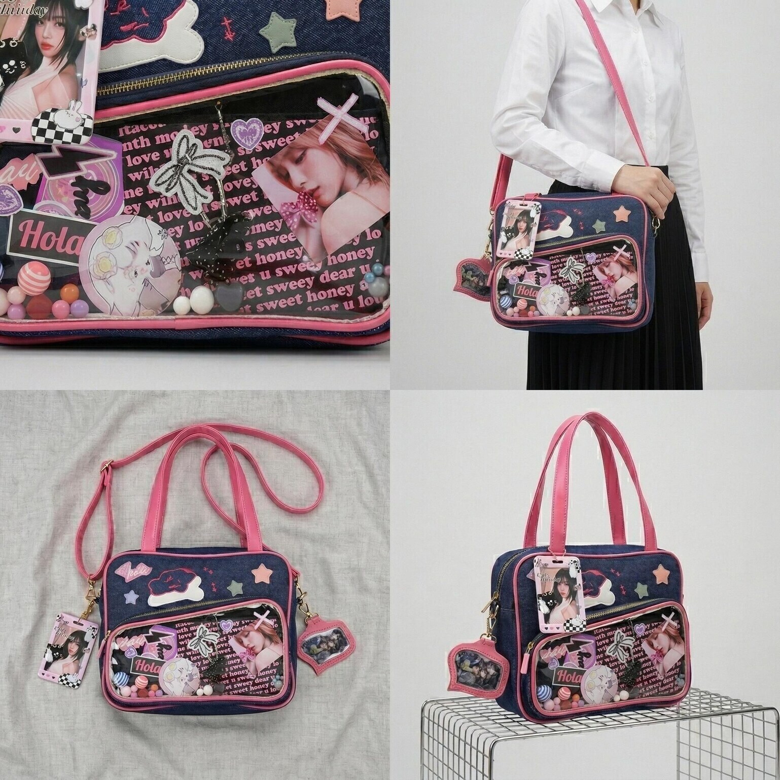Large Pink Kawaii Y2K Convertible Ita Bag with Clear Window for Plushies and Pins Large Pink Kawaii Y2K Convertible Ita Bag with Clear Window for Plushies and Pins