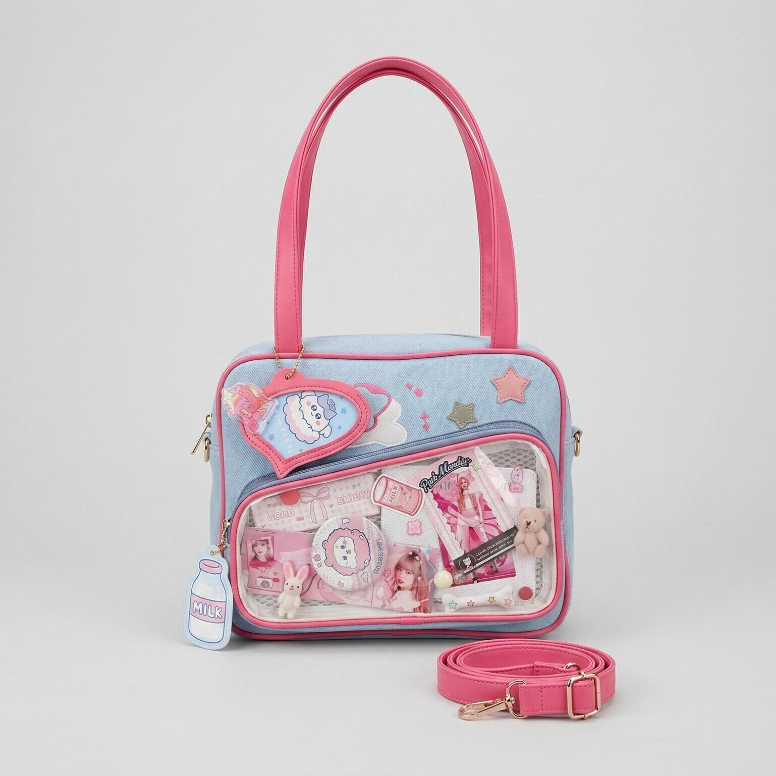 Large Pink Kawaii Y2K Convertible Ita Bag with Clear Window for Plushies and Pins Large Pink Kawaii Y2K Convertible Ita Bag with Clear Window for Plushies and Pins