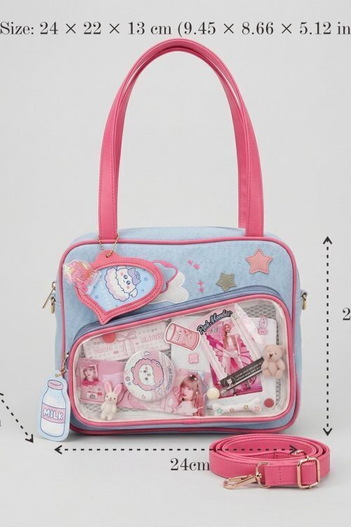 Large Pink Kawaii Y2K Convertible Ita Bag with Clear Window for Plushies and Pins