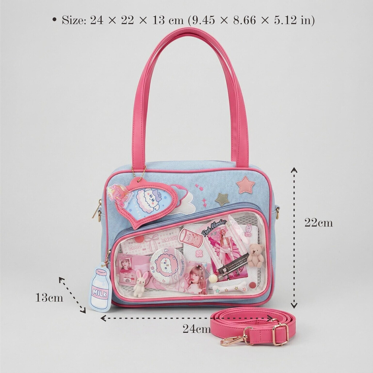 Large Pink Kawaii Y2K Convertible Ita Bag with Clear Window for Plushies and Pins Large Pink Kawaii Y2K Convertible Ita Bag with Clear Window for Plushies and Pins