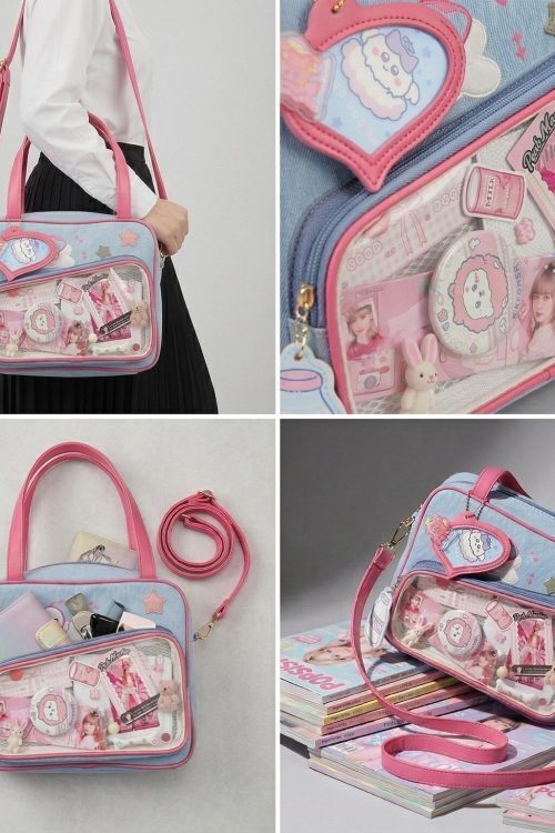 Large Pink Kawaii Y2K Convertible Ita Bag with Clear Window for Plushies and Pins