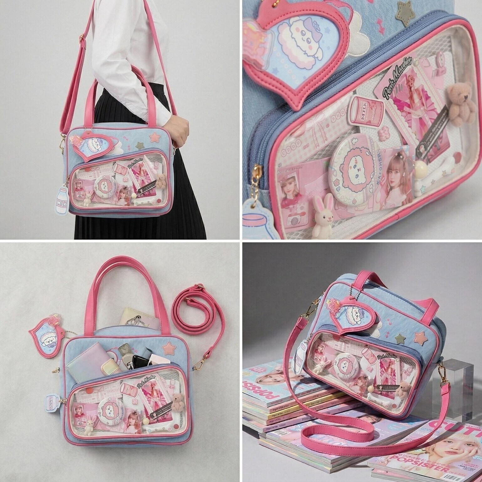 Large Pink Kawaii Y2K Convertible Ita Bag with Clear Window for Plushies and Pins Large Pink Kawaii Y2K Convertible Ita Bag with Clear Window for Plushies and Pins