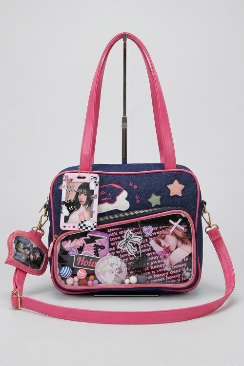 Large Pink Kawaii Y2K Convertible Ita Bag with Clear Window for Plushies and Pins