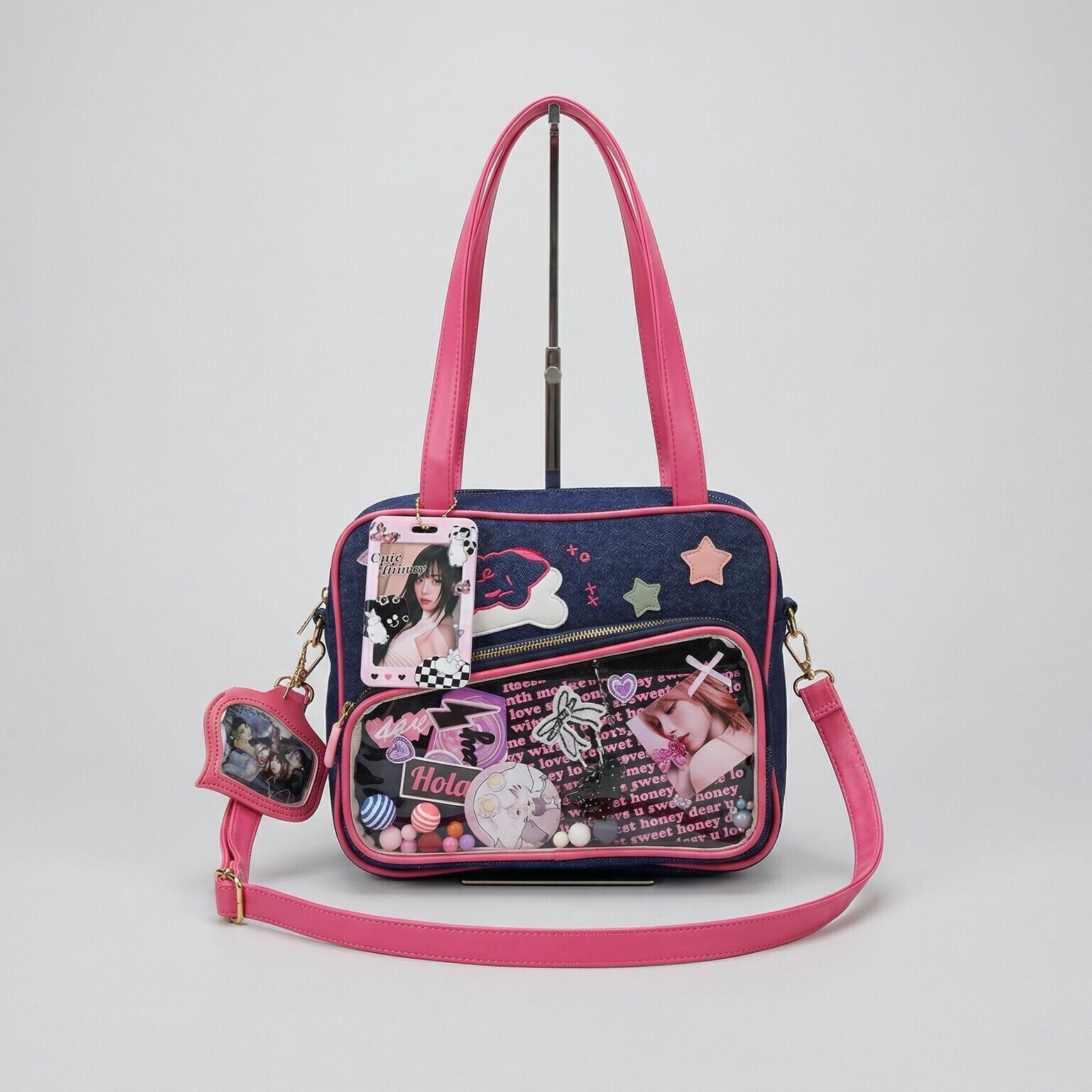 Large Pink Kawaii Y2K Convertible Ita Bag with Clear Window for Plushies and Pins Large Pink Kawaii Y2K Convertible Ita Bag with Clear Window for Plushies and Pins