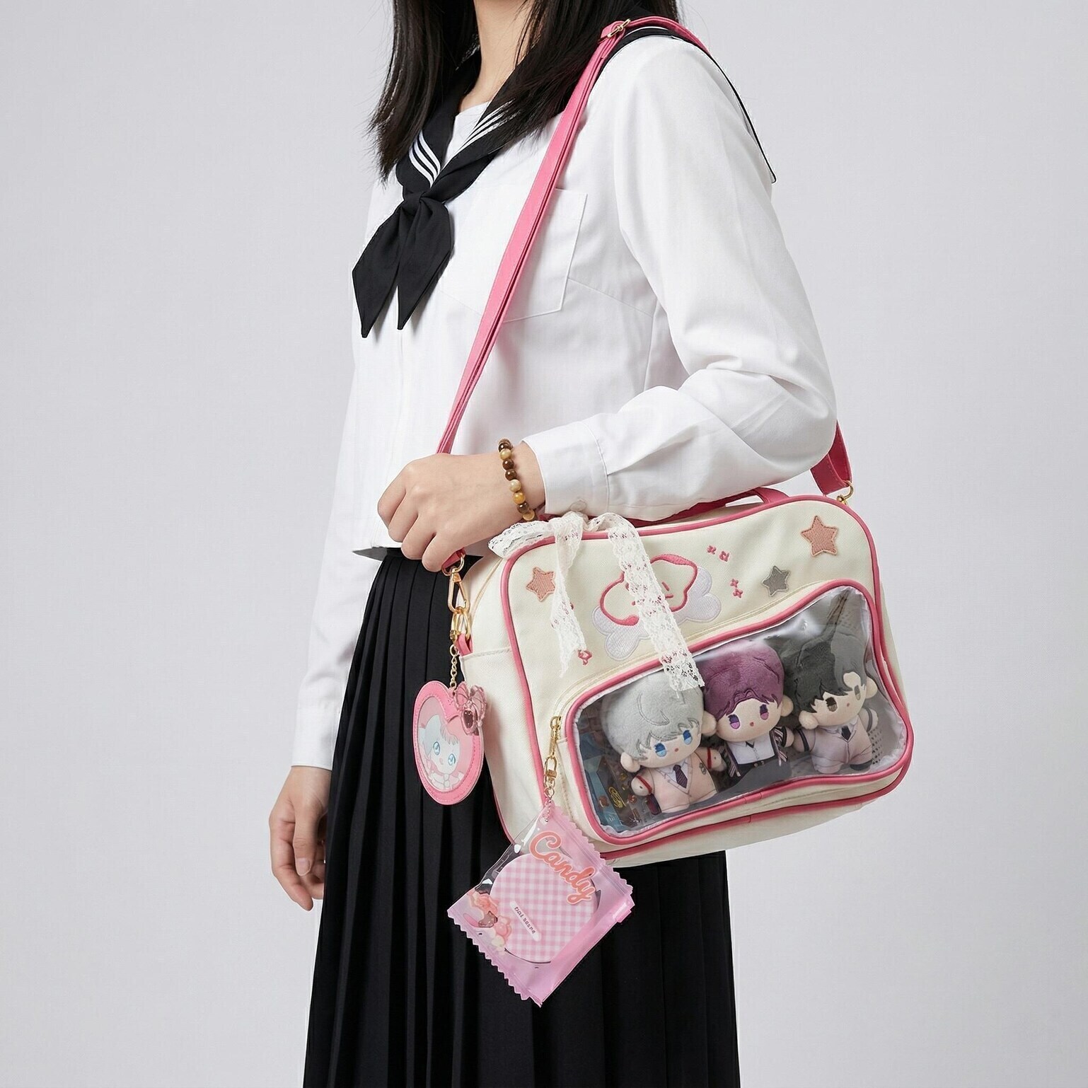 Large Pink Kawaii Y2K Convertible Ita Bag with Clear Window for Plushies and Pins Large Pink Kawaii Y2K Convertible Ita Bag with Clear Window for Plushies and Pins