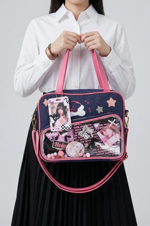 Large Pink Kawaii Y2K Convertible Ita Bag with Clear Window for Plushies and Pins