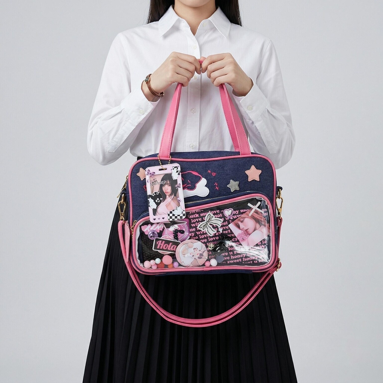 Large Pink Kawaii Y2K Convertible Ita Bag with Clear Window for Plushies and Pins Large Pink Kawaii Y2K Convertible Ita Bag with Clear Window for Plushies and Pins