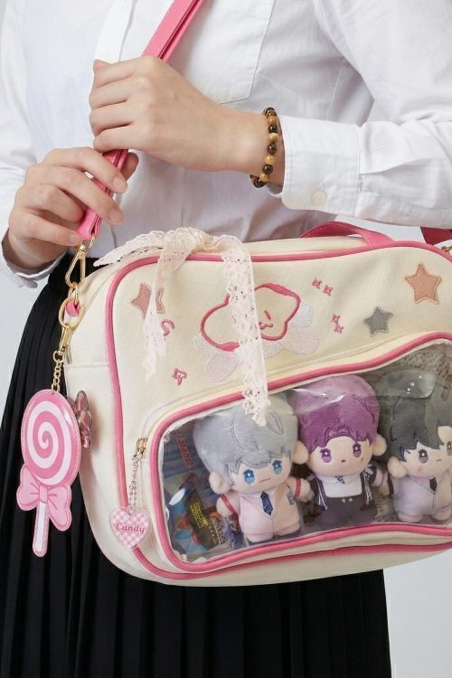Large Pink Kawaii Y2K Convertible Ita Bag with Clear Window for Plushies and Pins