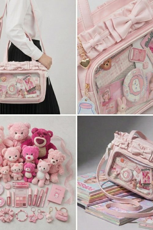Large Pink Kawaii Y2K Ita Backpack with Clear Window for Plushies and Pins