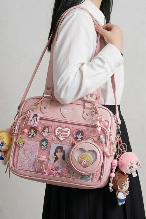 Large Pink Kawaii Y2K Ita Handbag with Clear Window for Pin Display
