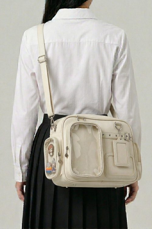 Large Silver Kawaii Y2K Convertible Ita Bag with Clear Window for Photocards and Pins