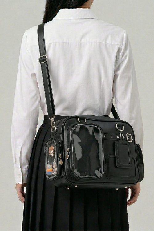 Large Silver Kawaii Y2K Convertible Ita Bag with Clear Window for Photocards and Pins