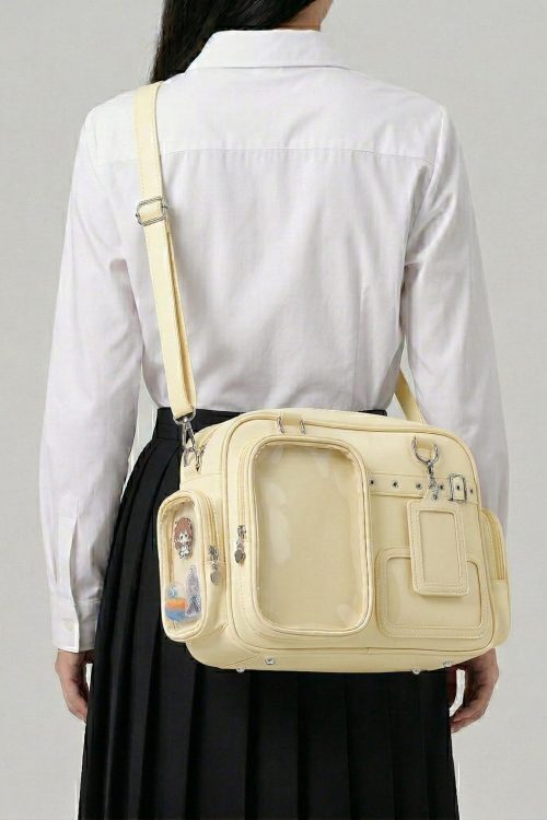 Large Silver Kawaii Y2K Convertible Ita Bag with Clear Window for Photocards and Pins