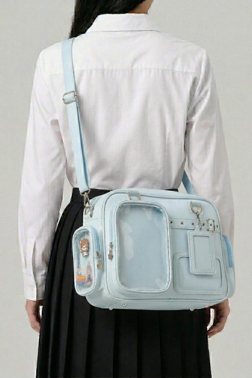 Large Silver Kawaii Y2K Convertible Ita Bag with Clear Window for Photocards and Pins