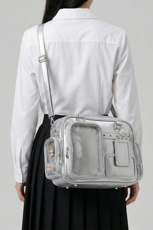 Large Silver Kawaii Y2K Convertible Ita Bag with Clear Window for Photocards and Pins